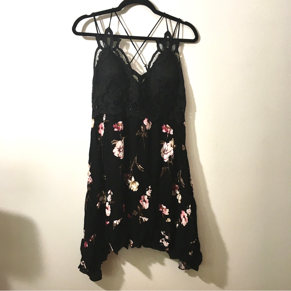 Rue21 Black Floral Lace-Top Asymmetrical Slip Dress with Crochet Top